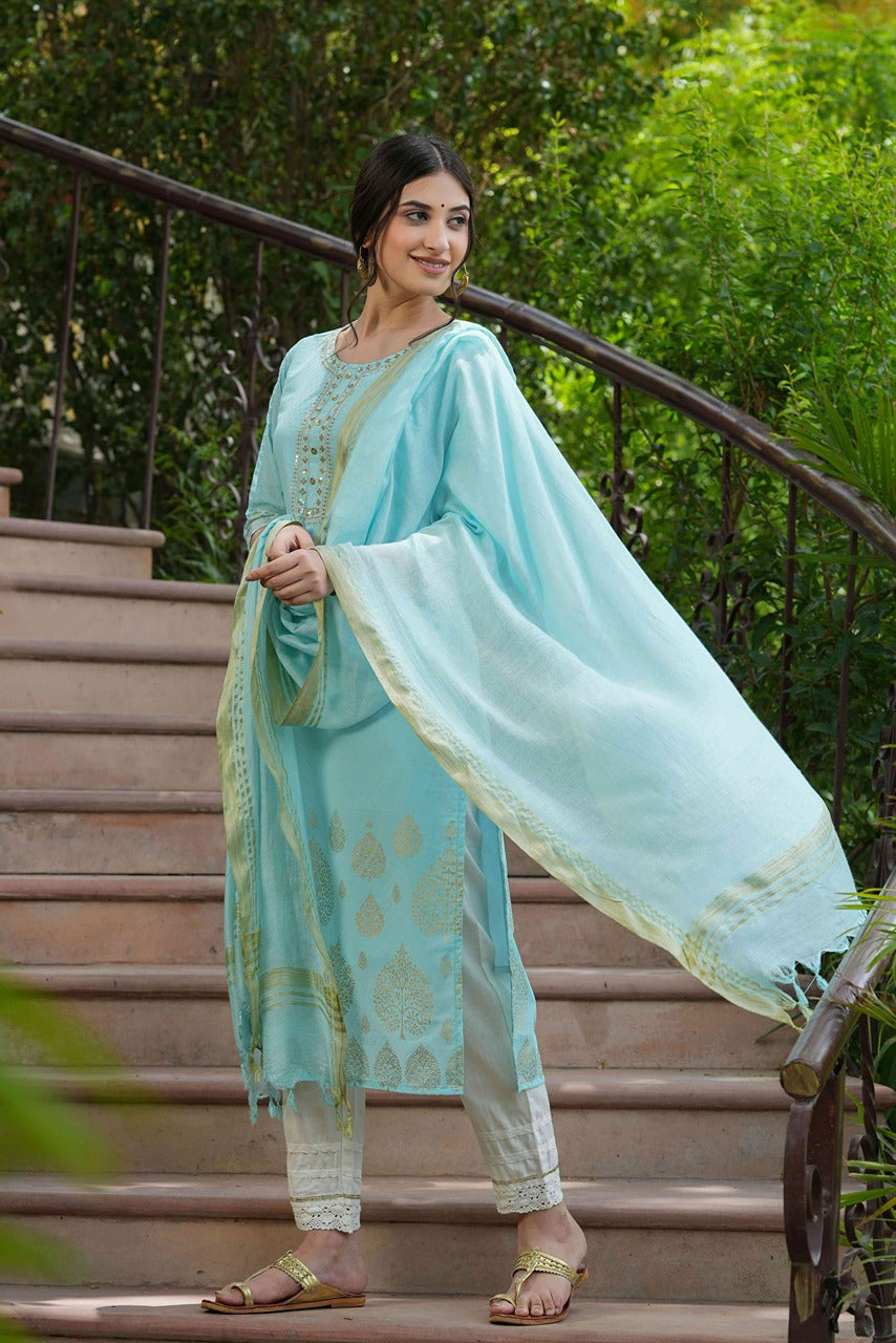 Sky Blue Georgette Festive Printed Straight Kurta Dupatta Set