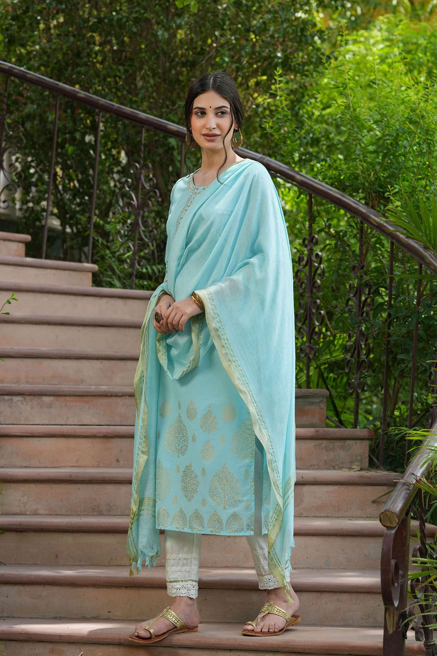 Sky Blue Georgette Festive Printed Straight Kurta Dupatta Set