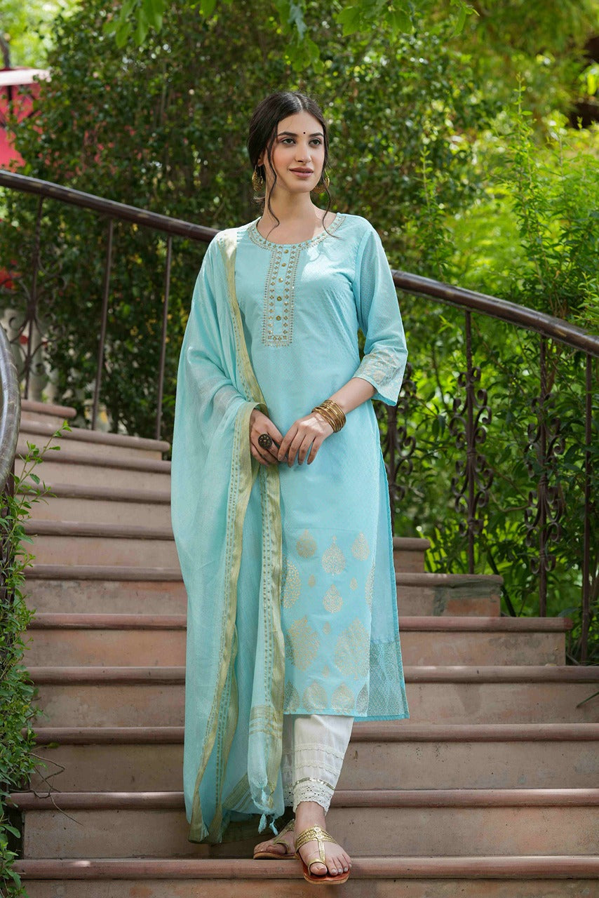 Sky Blue Georgette Festive Printed Straight Kurta Dupatta Set