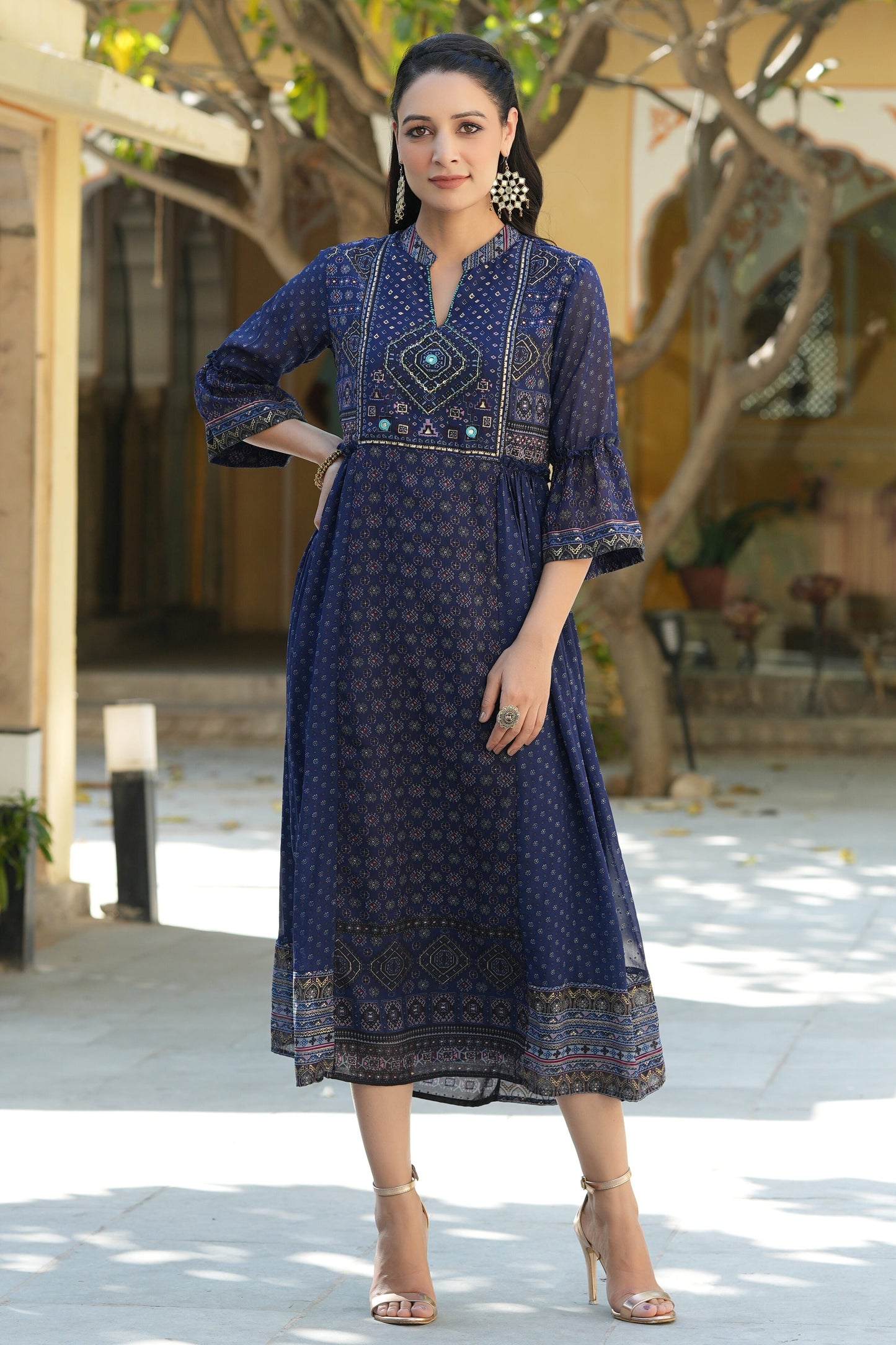 Indigo Georgette Festive Printed Flared Dress