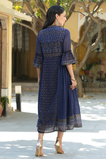 Indigo Georgette Festive Printed Flared Dress