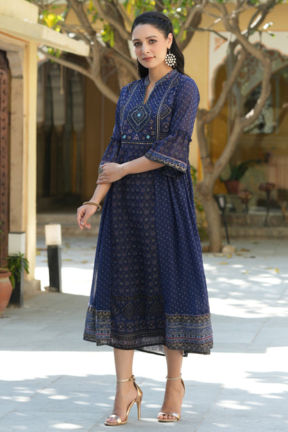 Indigo Georgette Festive Printed Flared Dress
