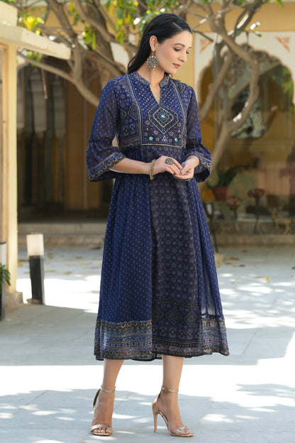 Indigo Georgette Festive Printed Flared Dress