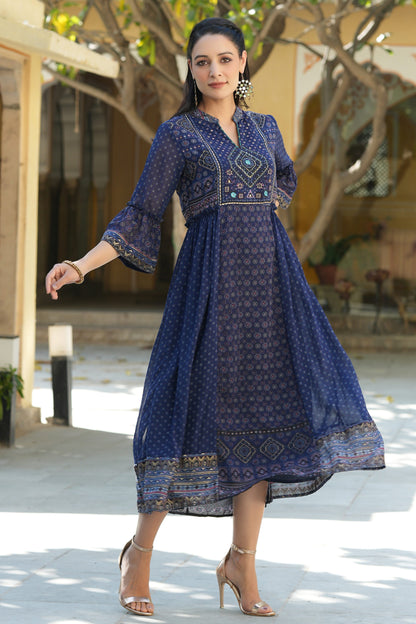 Indigo Georgette Festive Printed Flared Dress