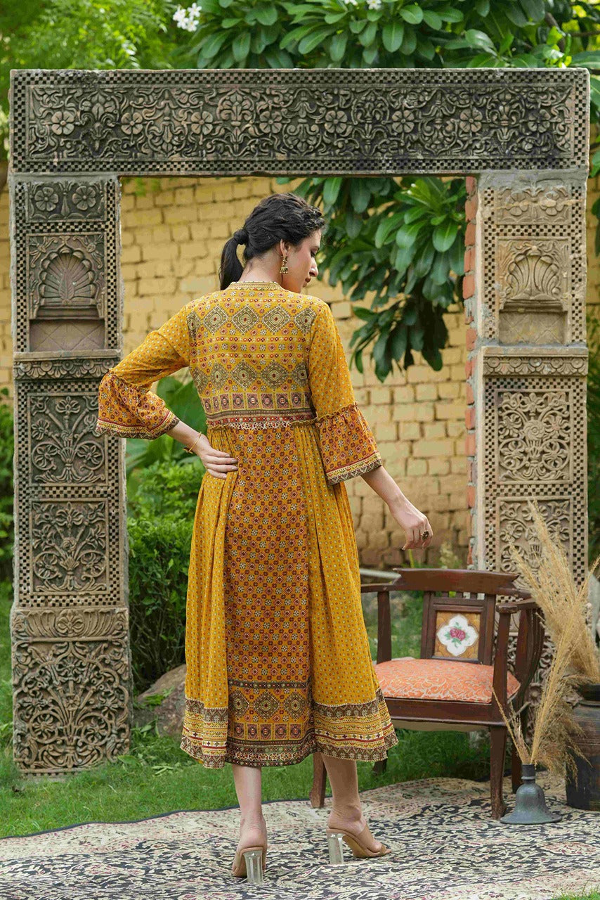 Mustard Georgette Festive Printed Flared Dress