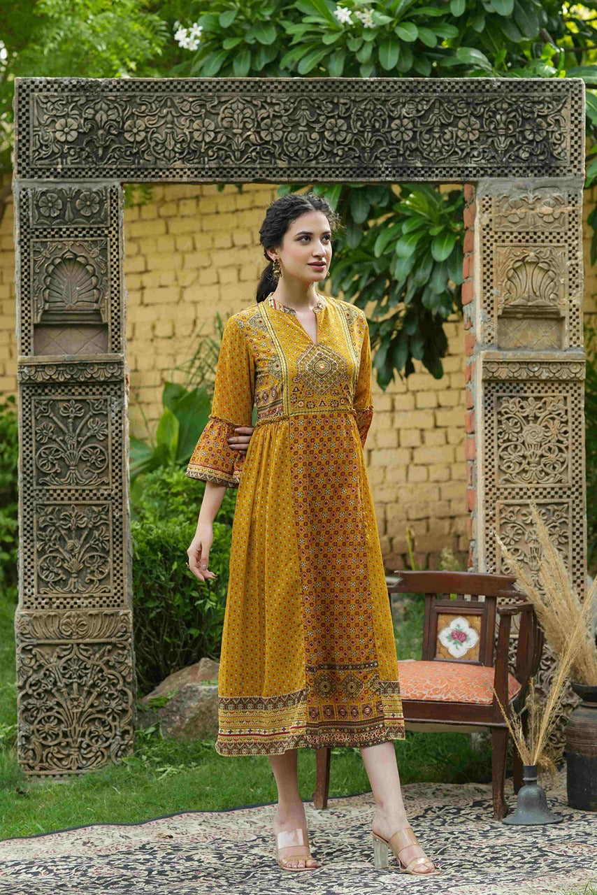 Mustard Georgette Festive Printed Flared Dress