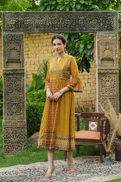 Mustard Georgette Festive Printed Flared Dress