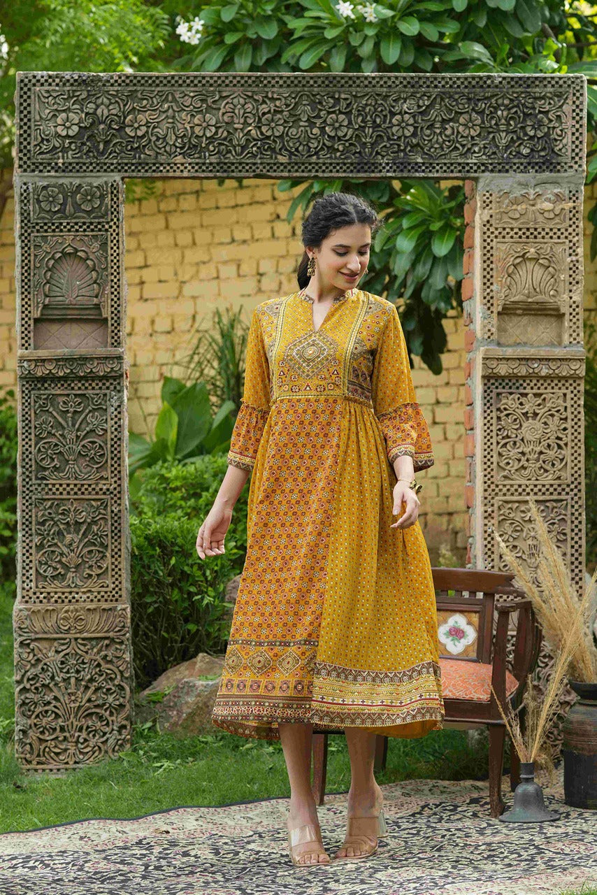 Mustard Georgette Festive Printed Flared Dress