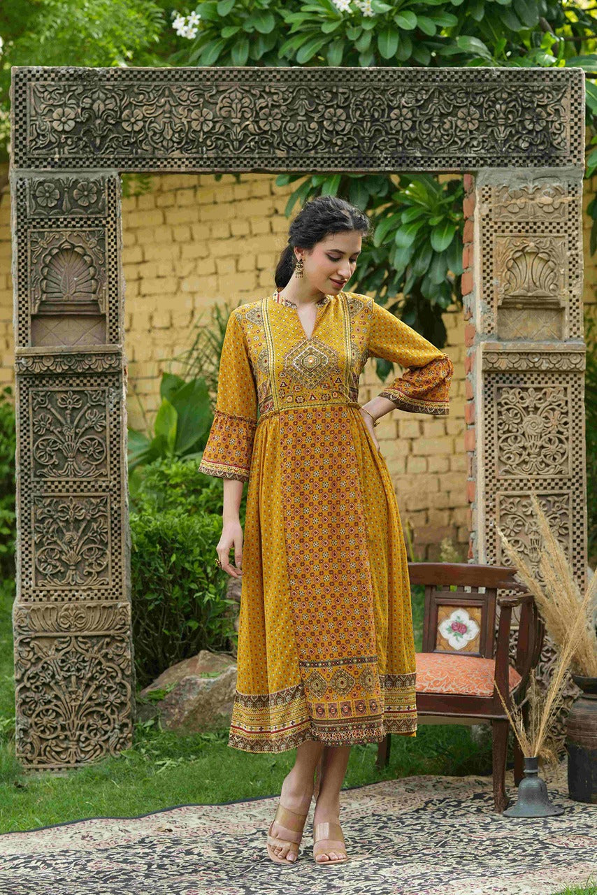 Mustard Georgette Festive Printed Flared Dress