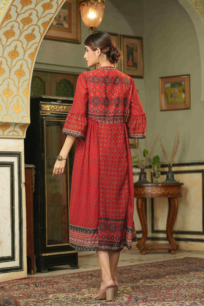 Red Georgette Festive Printed Flared Dress