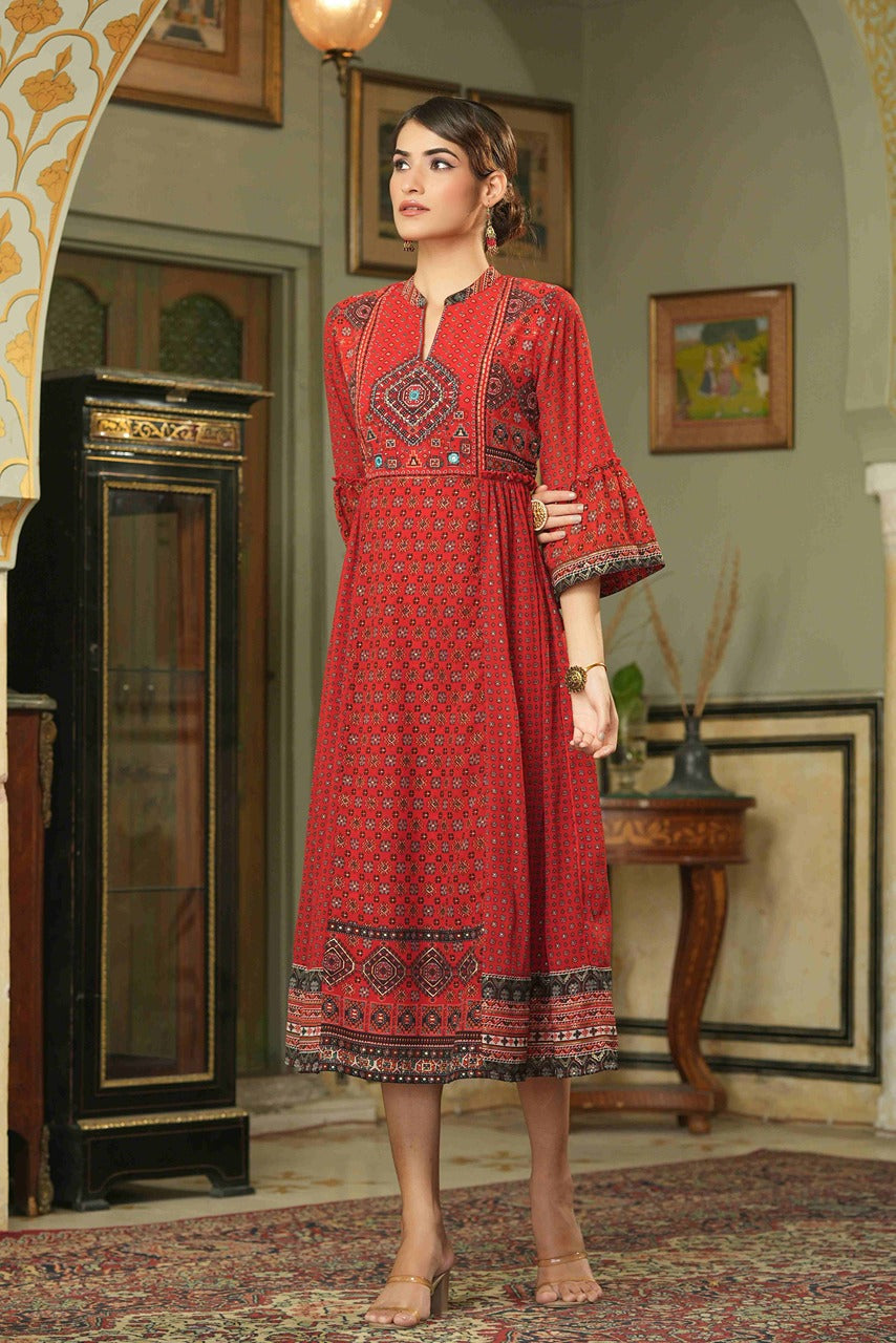 Red Georgette Festive Printed Flared Dress