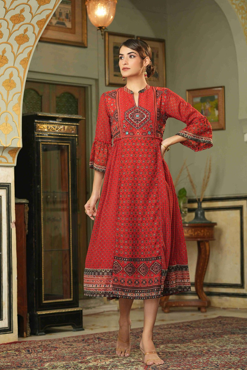 Red Georgette Festive Printed Flared Dress