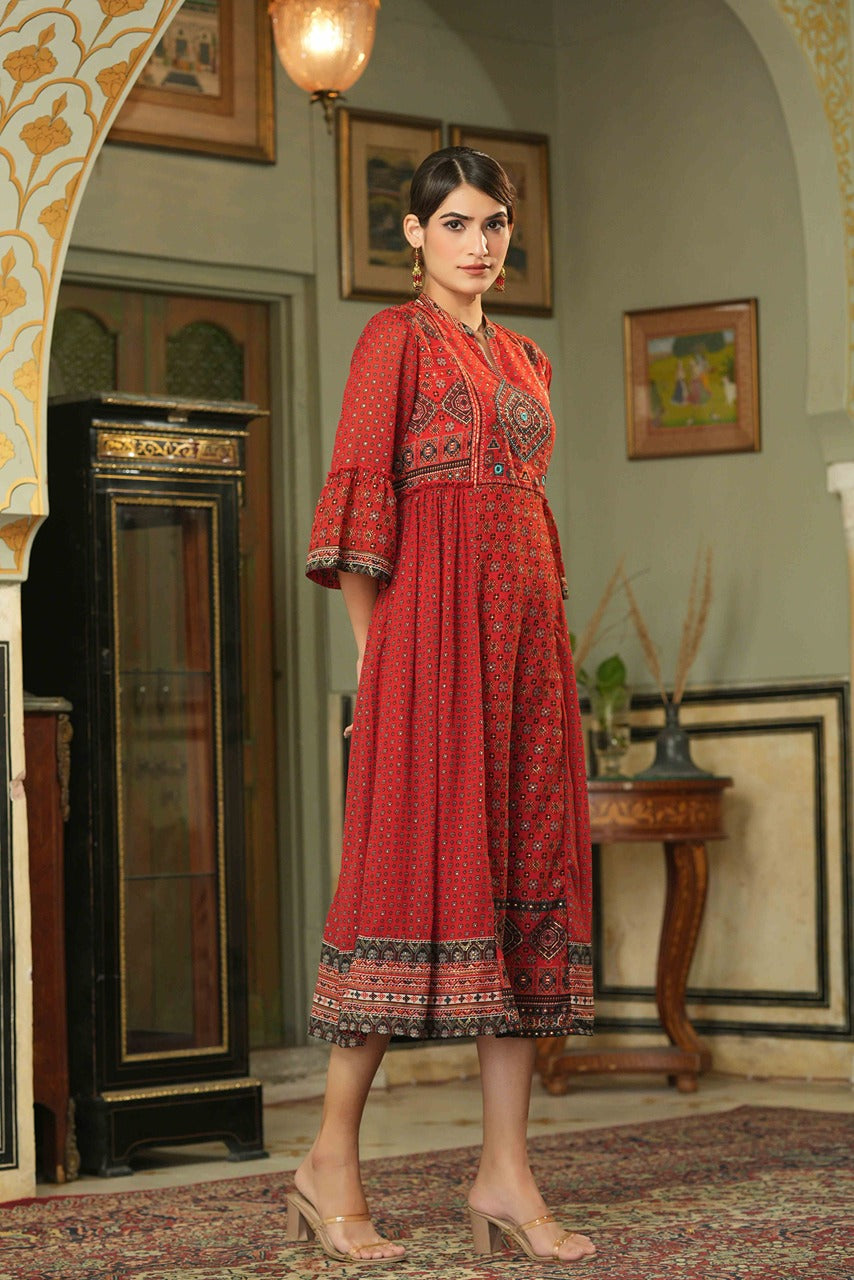 Red Georgette Festive Printed Flared Dress