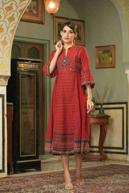 Red Georgette Festive Printed Flared Dress