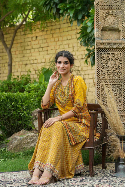 Mustard Chanderi Festive Printed Flared Kurta