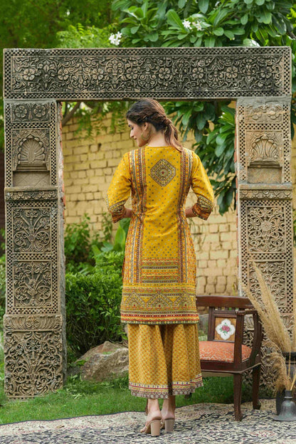 Mustard Chanderi Festive Printed Flared Kurta
