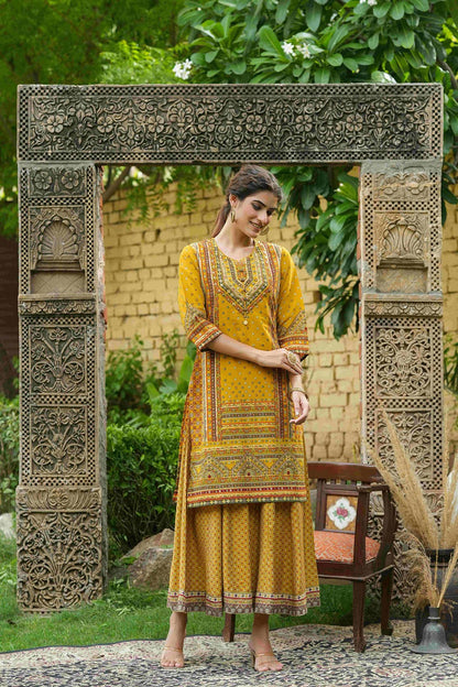 Mustard Chanderi Festive Printed Flared Kurta