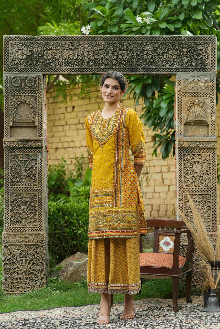 Mustard Chanderi Festive Printed Flared Kurta