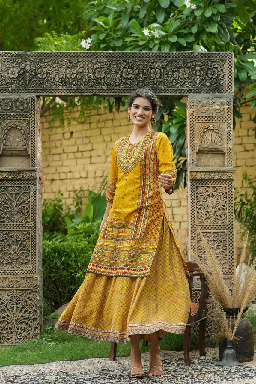 Mustard Chanderi Festive Printed Flared Kurta