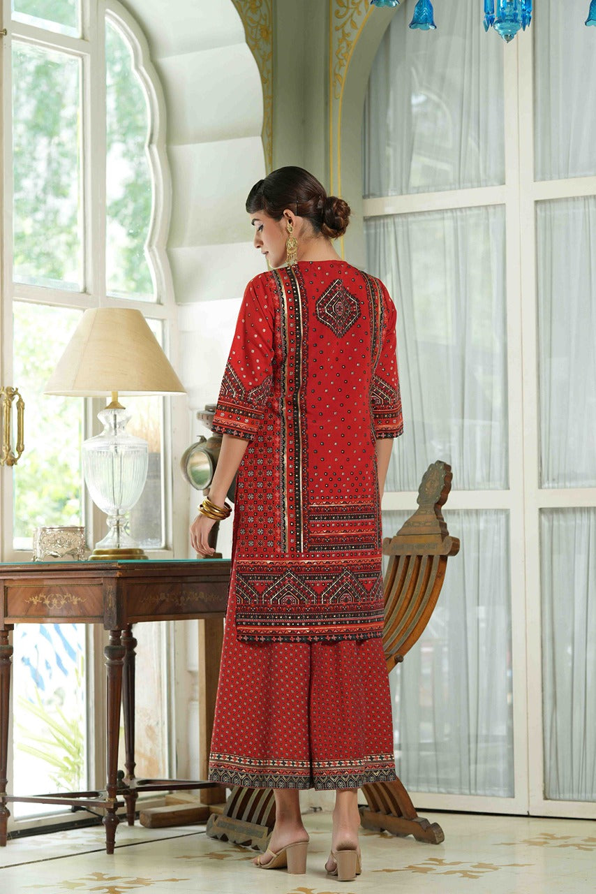 Red Chanderi Festive Printed Flared Kurta