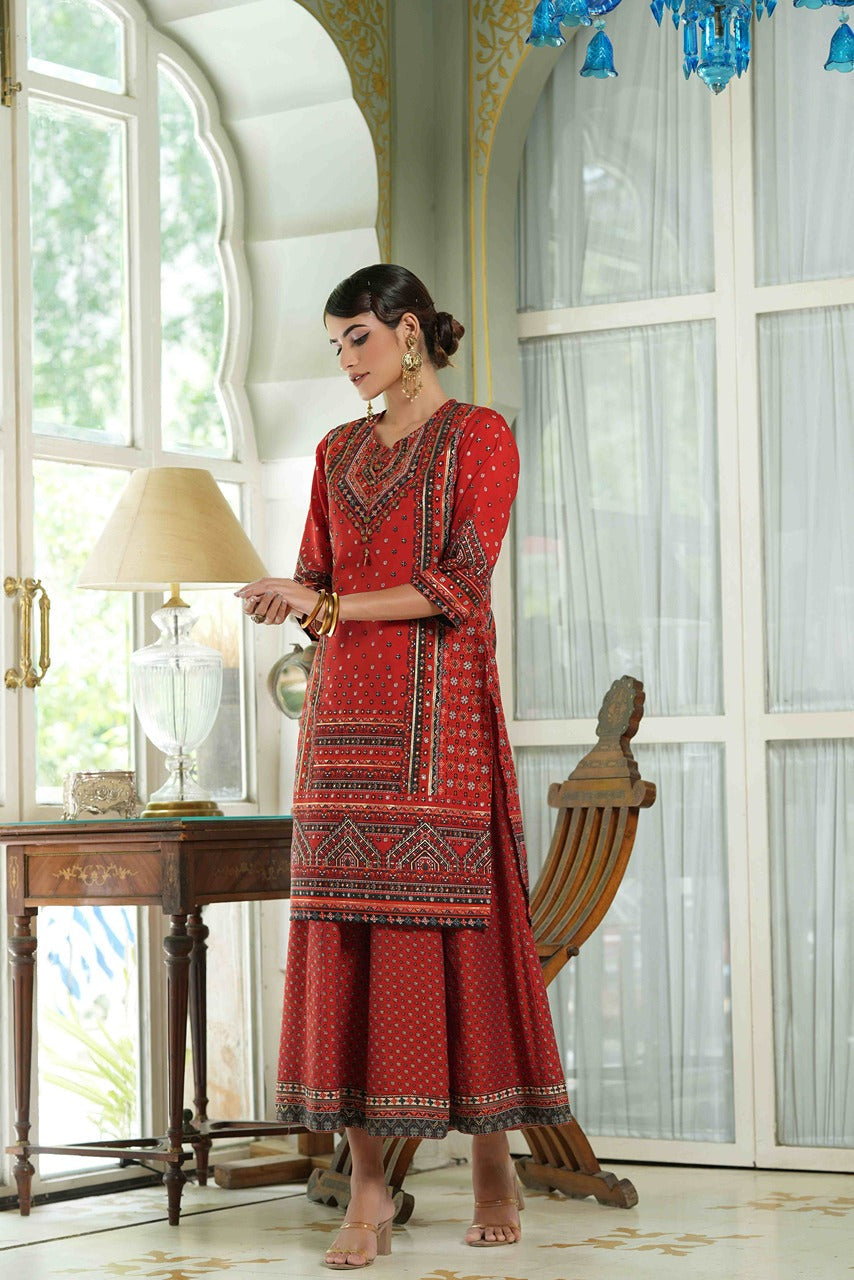 Red Chanderi Festive Printed Flared Kurta