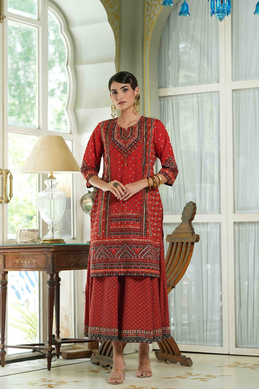 Red Chanderi Festive Printed Flared Kurta