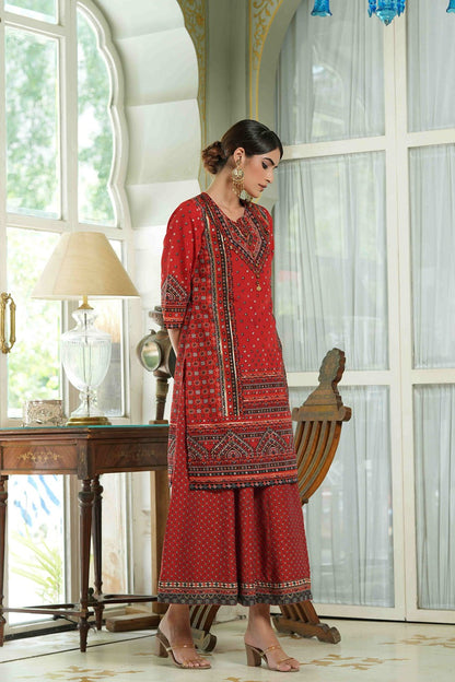 Red Chanderi Festive Printed Flared Kurta