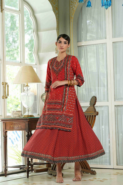 Red Chanderi Festive Printed Flared Kurta