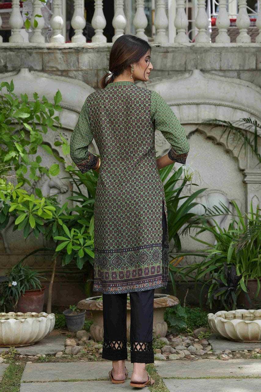 Green Rayon Festive Gold Foil Printed Straight Kurta