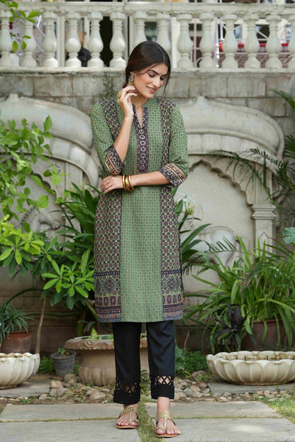 Green Rayon Festive Gold Foil Printed Straight Kurta