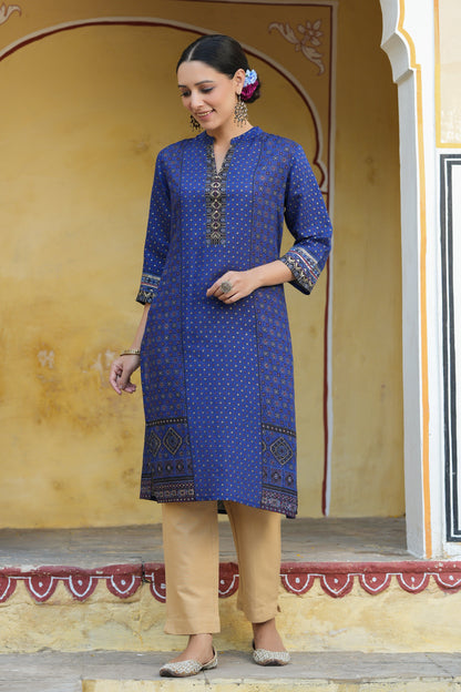 Indigo Rayon Festive Gold Foil Printed Straight Kurta