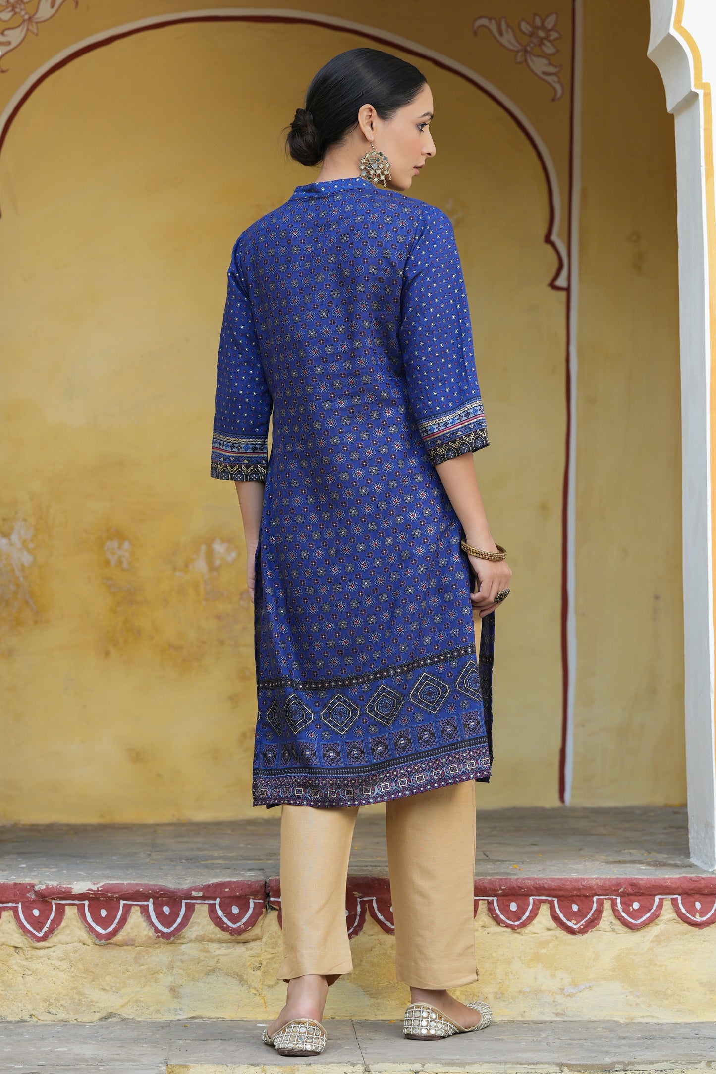 Indigo Rayon Festive Gold Foil Printed Straight Kurta