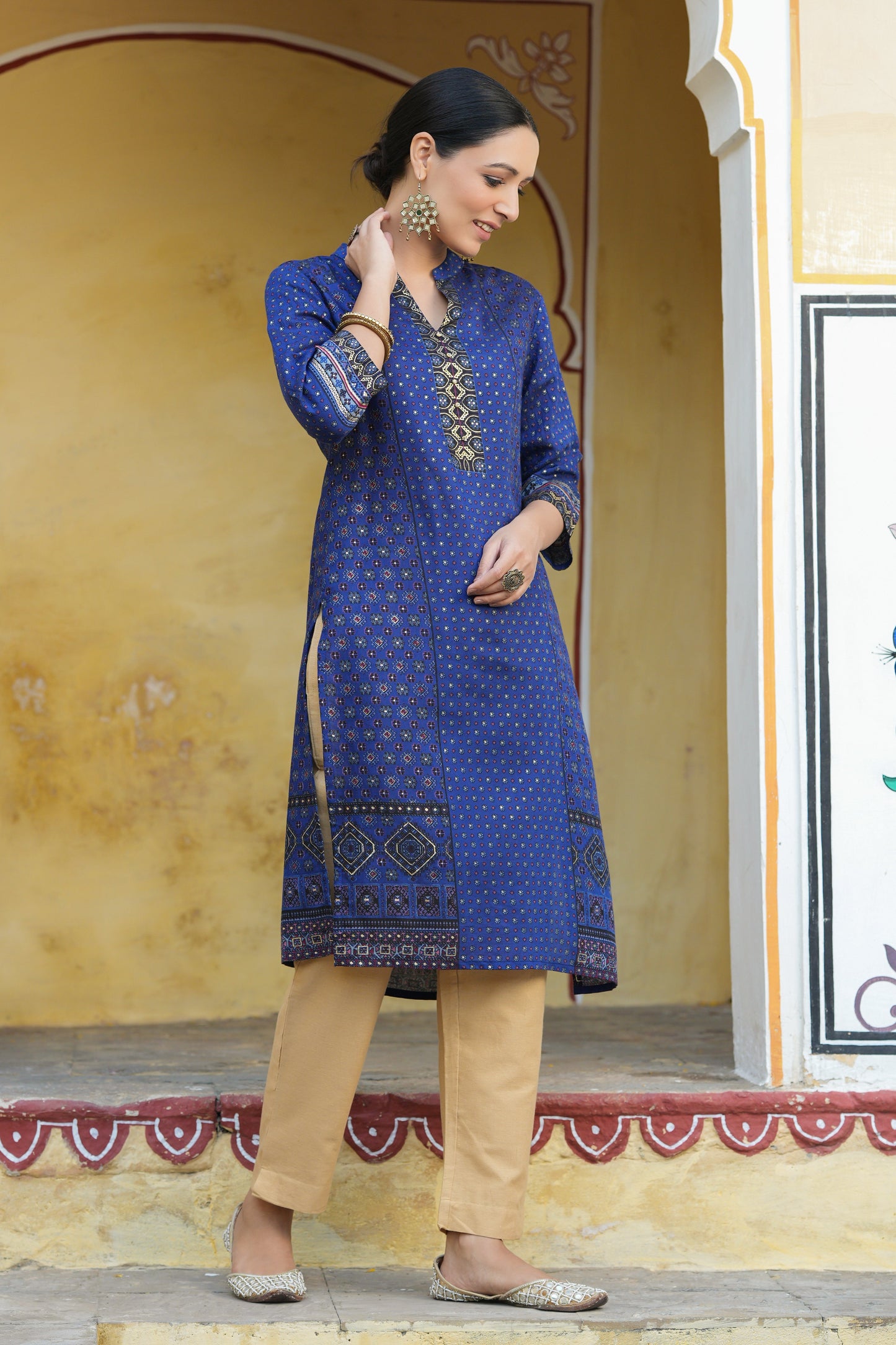 Indigo Rayon Festive Gold Foil Printed Straight Kurta