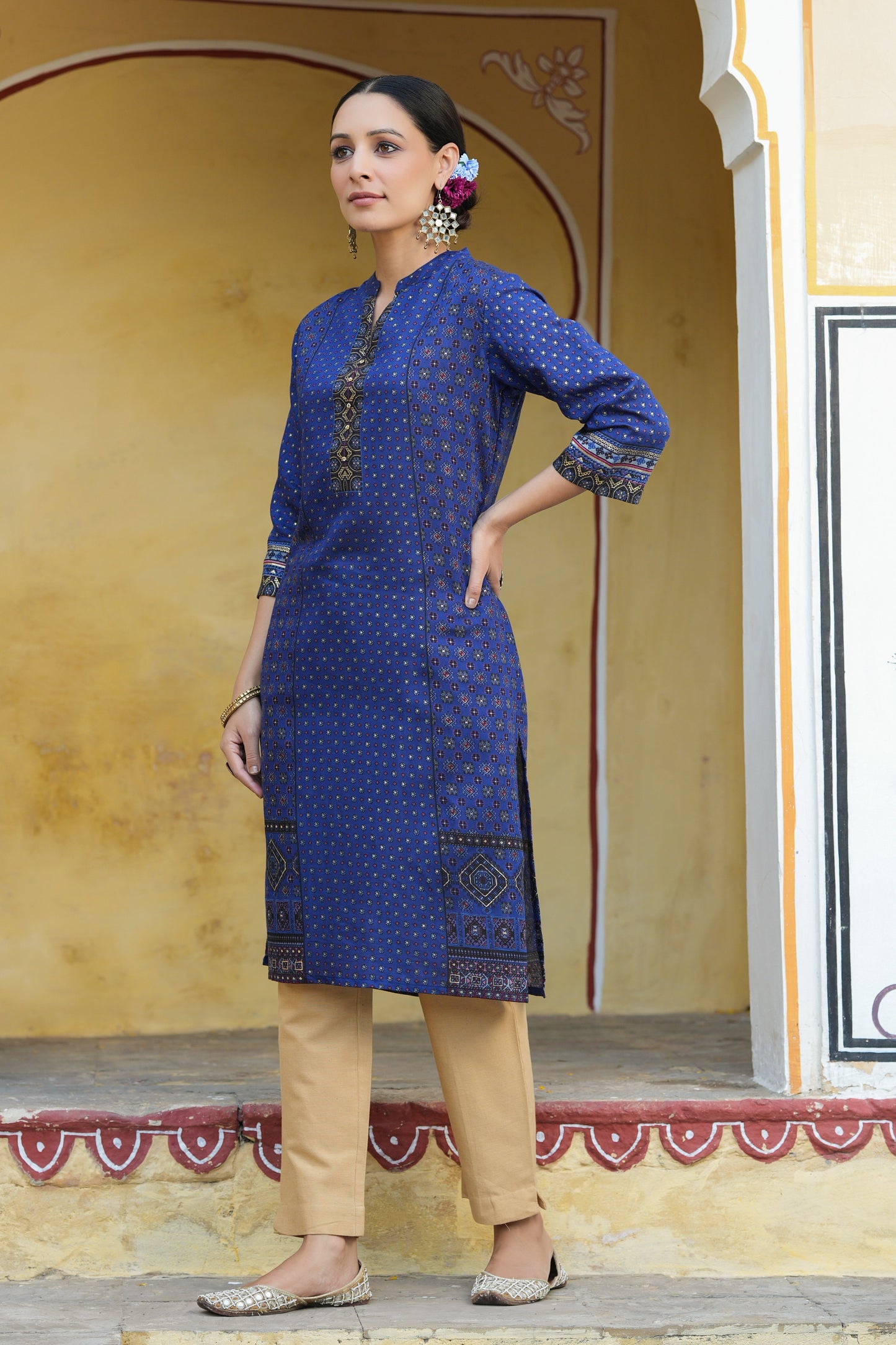 Indigo Rayon Festive Gold Foil Printed Straight Kurta