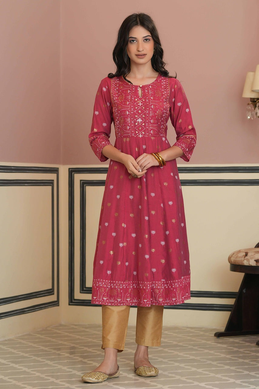 Fuchsia Rayon Festive Handwork Sequence Anarkali Kurta