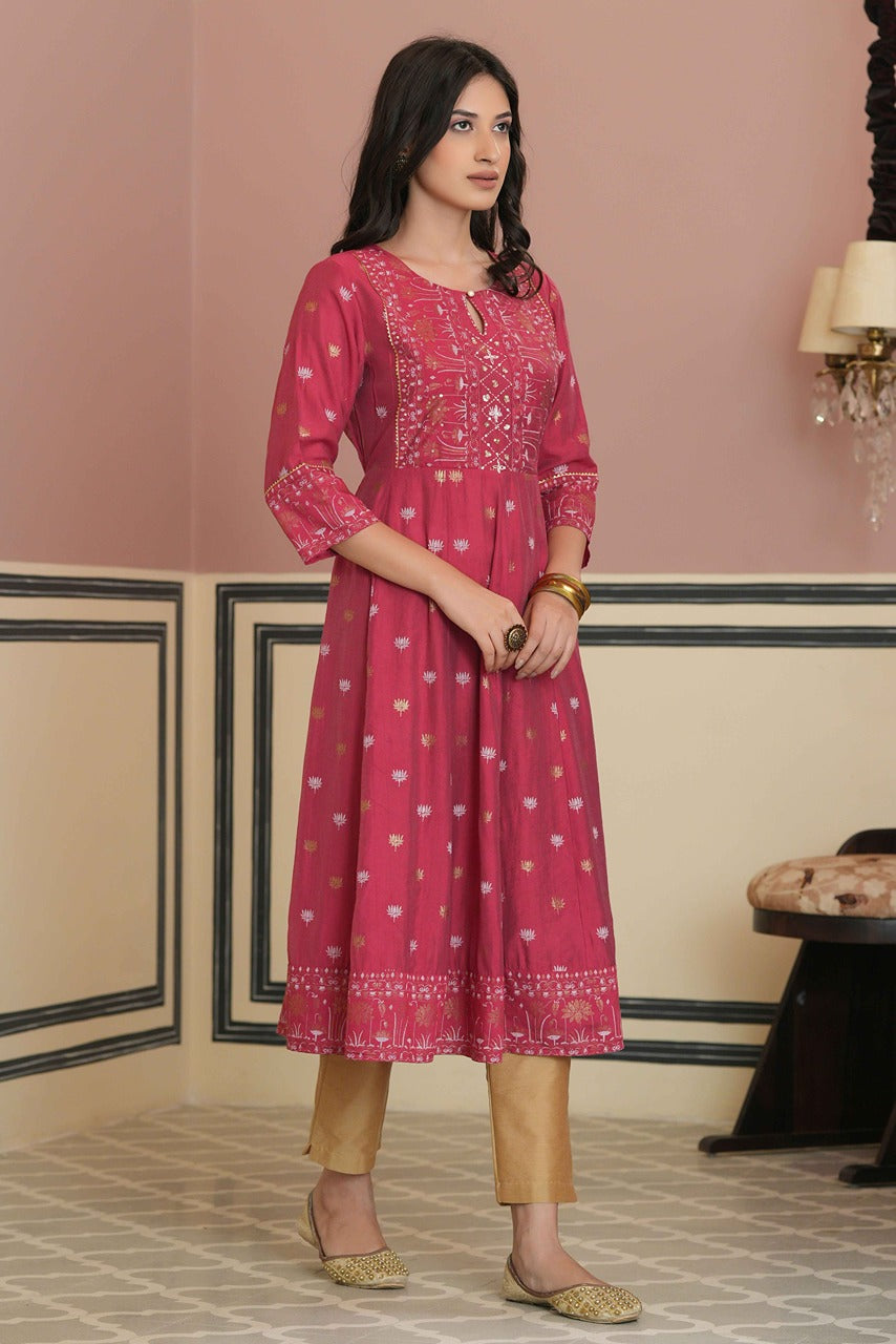 Fuchsia Rayon Festive Handwork Sequence Anarkali Kurta