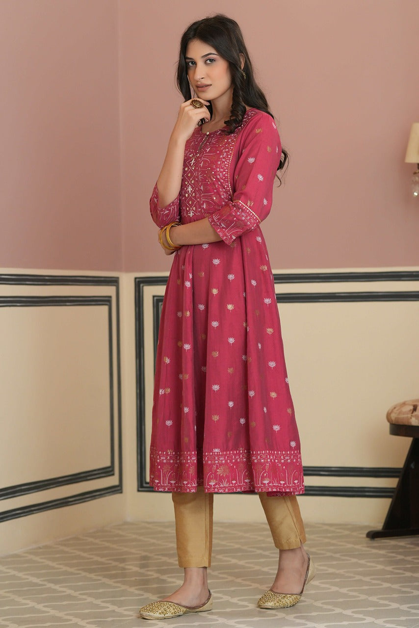 Fuchsia Rayon Festive Handwork Sequence Anarkali Kurta