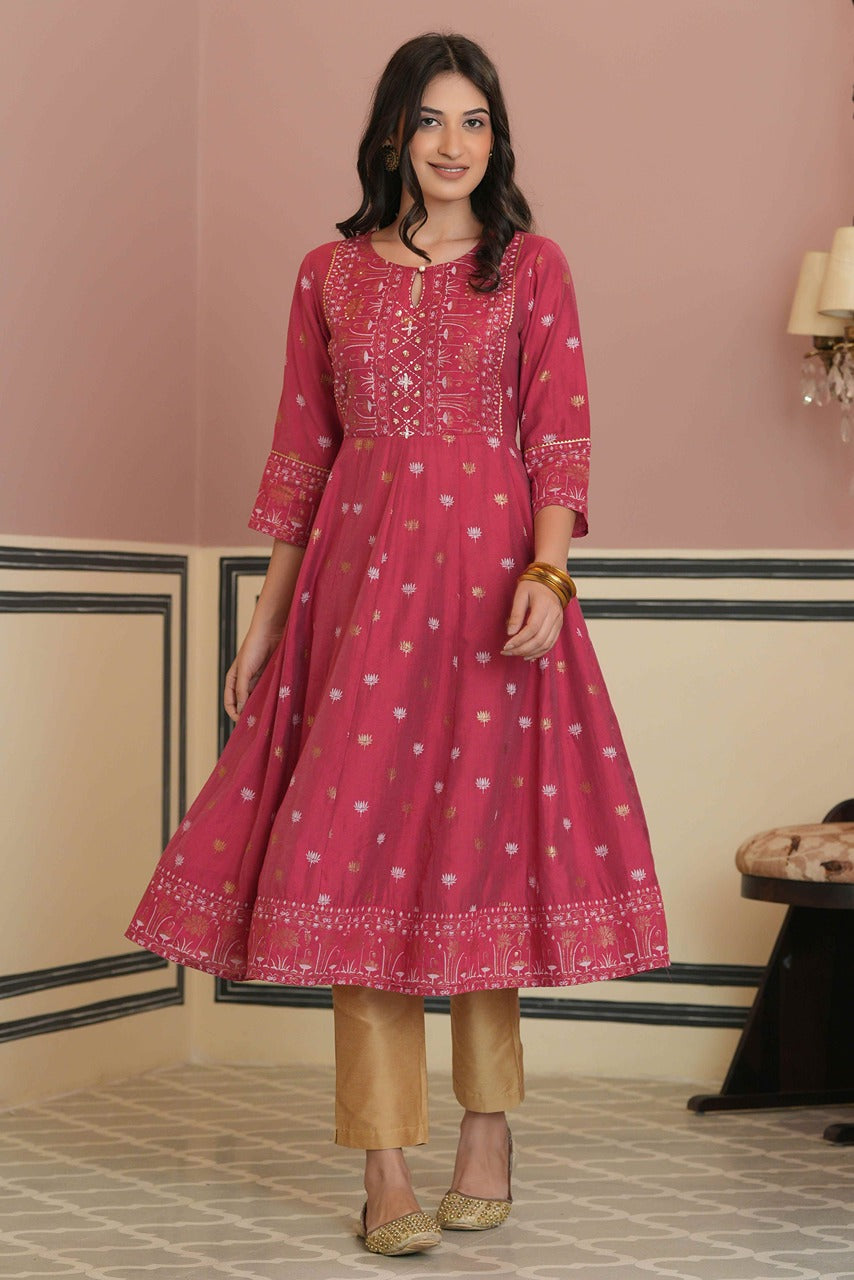 Fuchsia Rayon Festive Handwork Sequence Anarkali Kurta