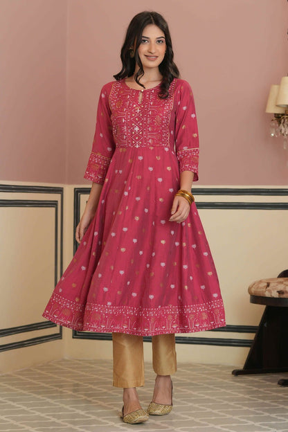 Fuchsia Rayon Festive Handwork Sequence Anarkali Kurta