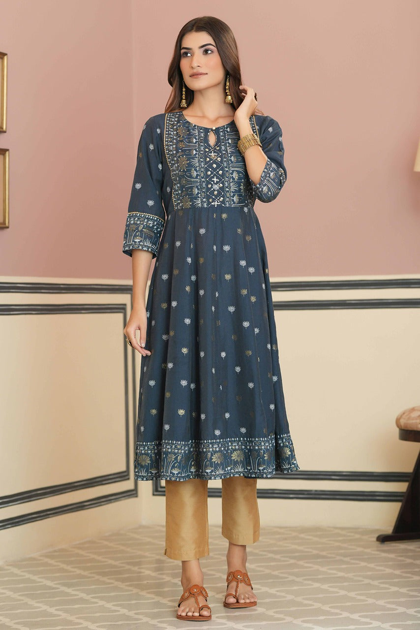 Teal Rayon Festive Handwork Sequence Anarkali Kurta