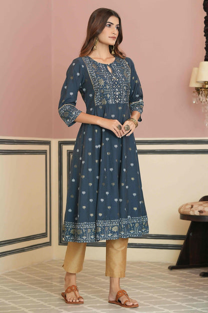 Teal Rayon Festive Handwork Sequence Anarkali Kurta