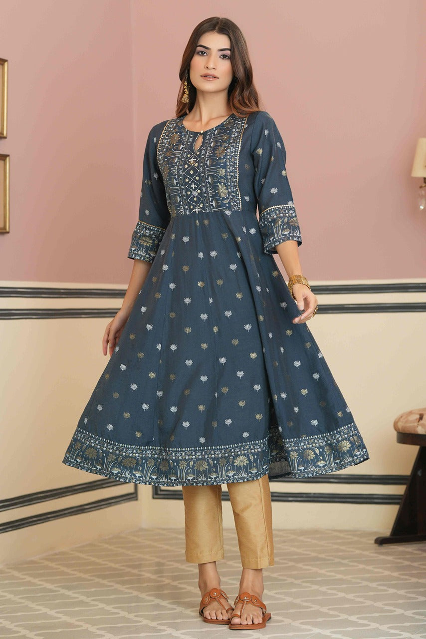 Teal Rayon Festive Handwork Sequence Anarkali Kurta