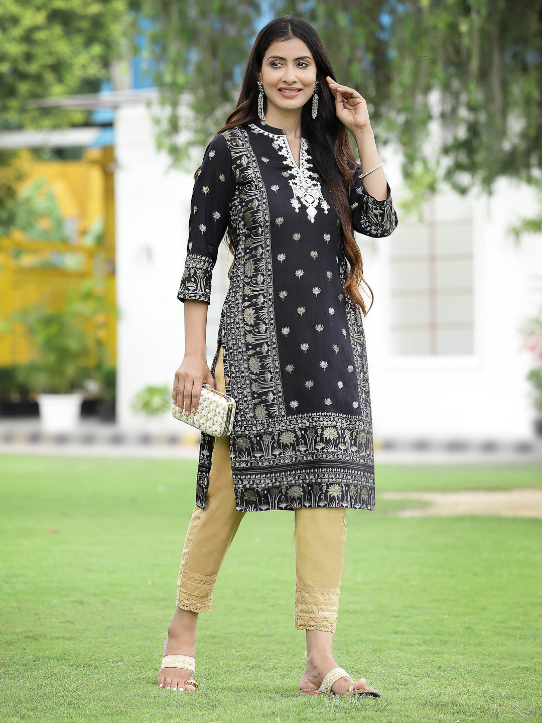 Black Rayon Festive Embroidered Straight Kurta