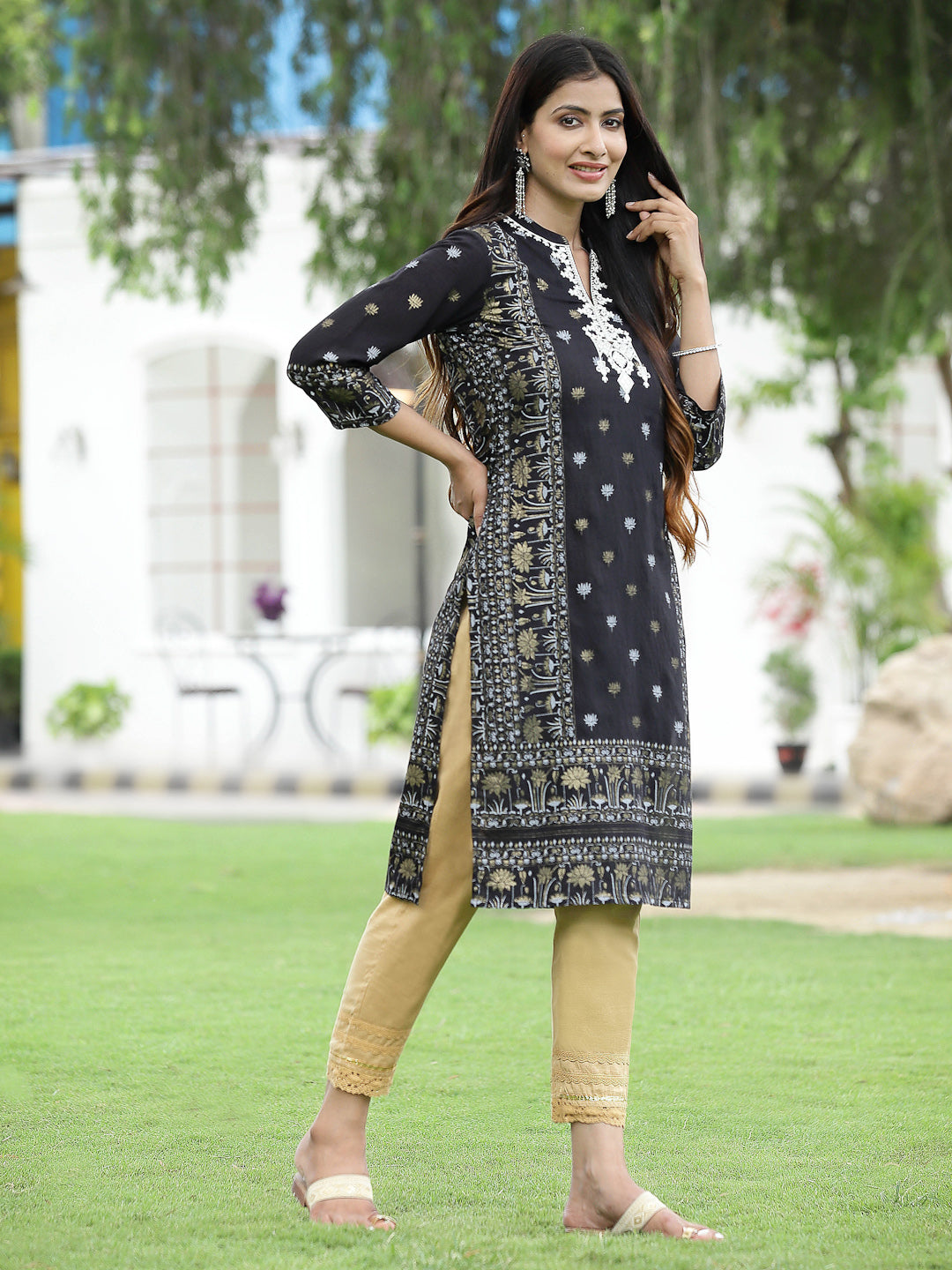 Black Rayon Festive Embroidered Straight Kurta