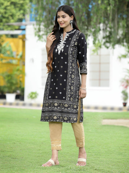 Black Rayon Festive Embroidered Straight Kurta