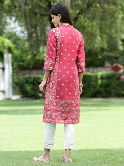 Fuchsia Rayon Festive Embroidered Straight Kurta