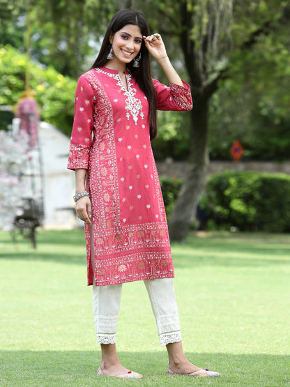 Fuchsia Rayon Festive Embroidered Straight Kurta