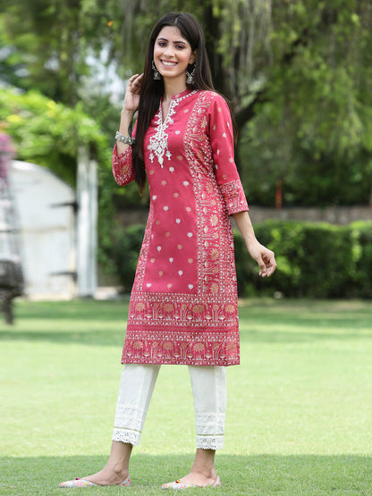 Fuchsia Rayon Festive Embroidered Straight Kurta