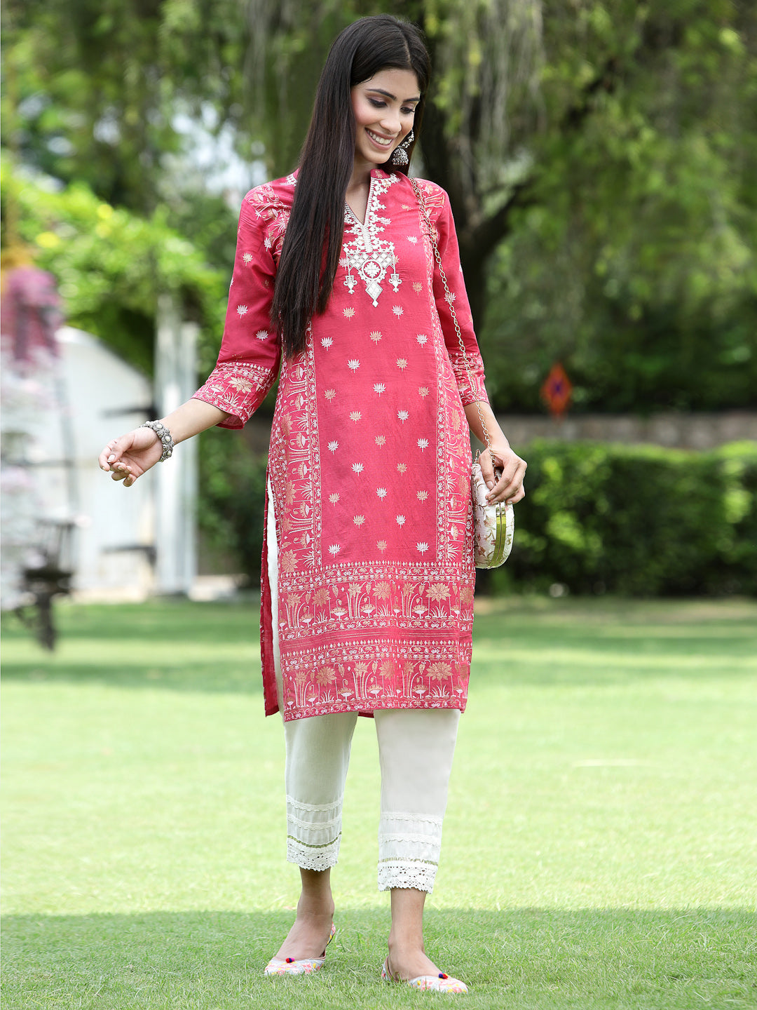 Fuchsia Rayon Festive Embroidered Straight Kurta