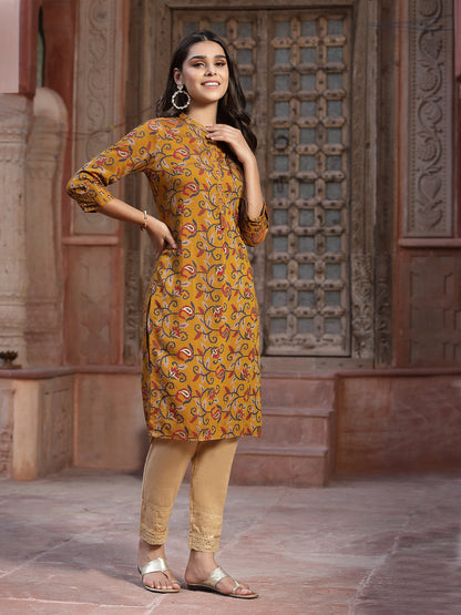 Mustard Muslin Printed Straight Kurta